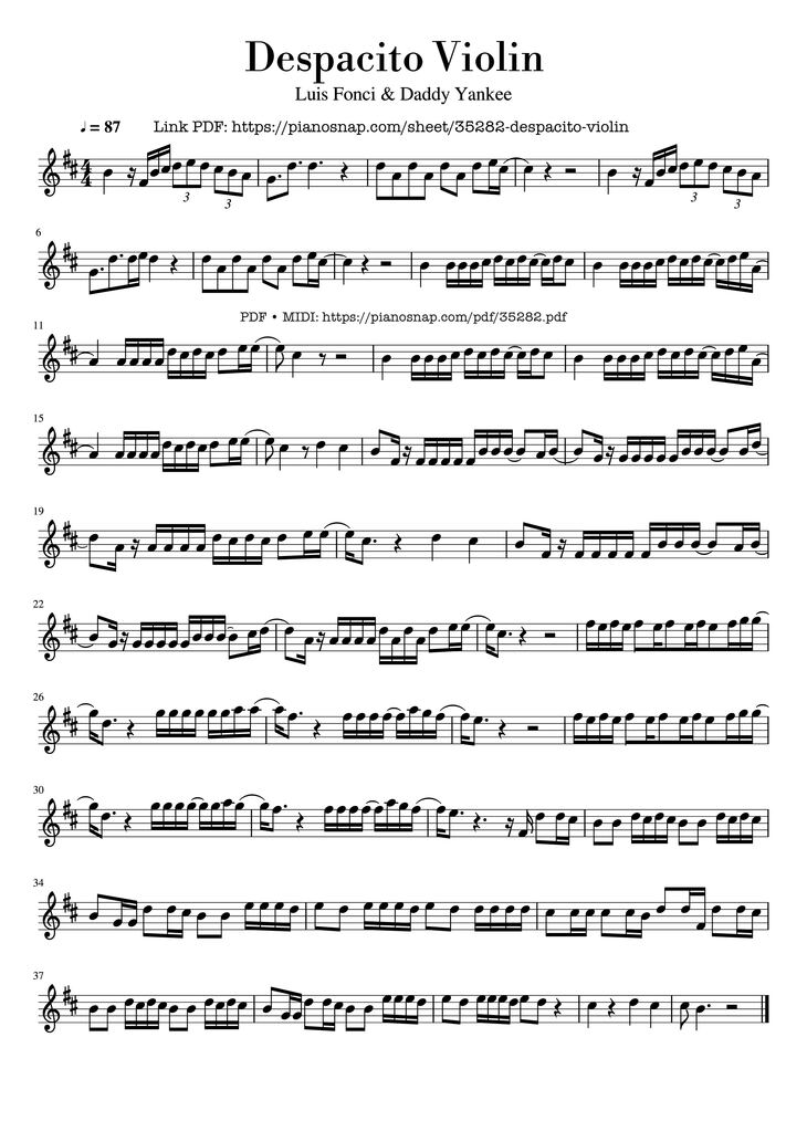 Page 1 of the piano sheet music PDF – Despacito Violin by Luis Fonsi