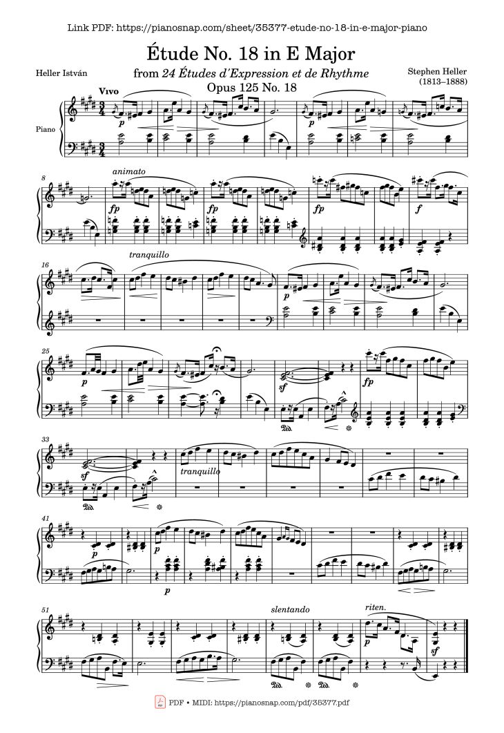 Page 1 of the piano sheet music PDF Piano – Étude No. 18 in E Major Piano by Stephen Heller