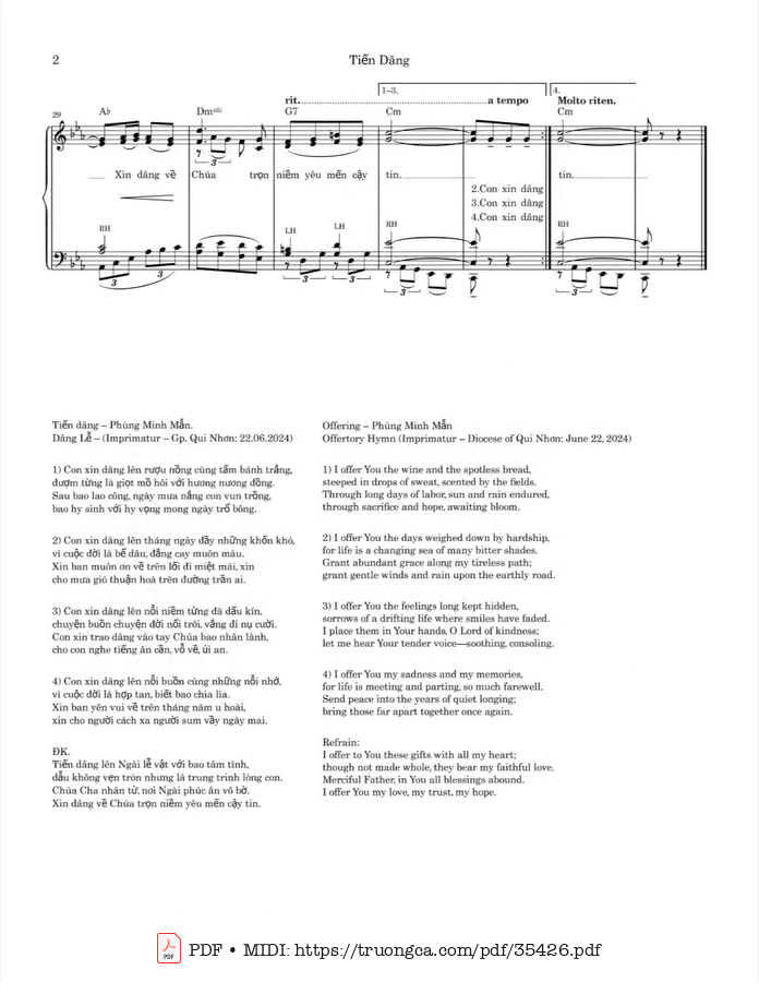 Page 2 of the piano sheet music PDF – Tiến Dâng Piano by Phùng Minh Mẫn