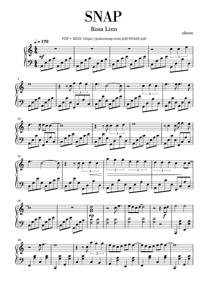 Page 1 of the piano sheet music PDF Piano – SNAP Piano by Rosa Linn