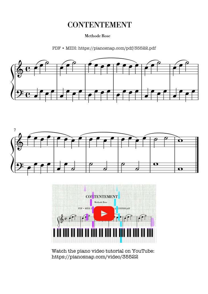 Page 1 of the piano sheet music PDF Piano – Contentement - Method Rose Piano by Method Rose