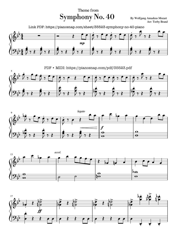 Page 1 of the piano sheet music PDF Piano – Symphony No. 40 Piano EASY by Wolfgang Amadeus Mozart