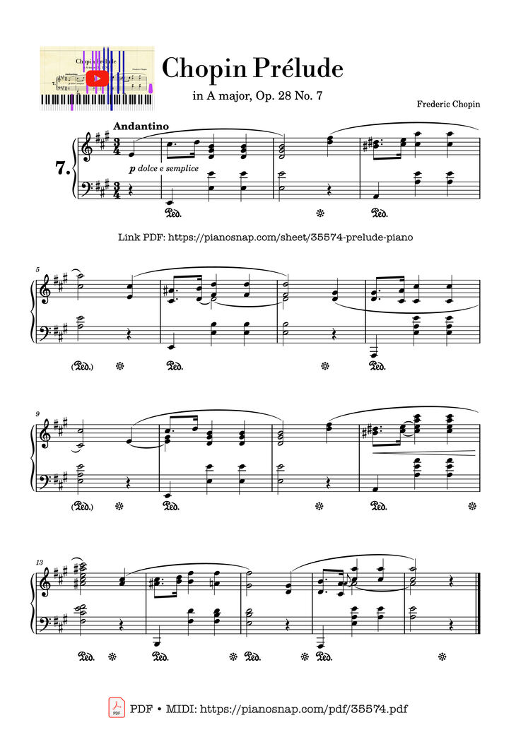 Page 1 of the piano sheet music PDF – Chopin Prélude Op. 28 No. 7 in A Major by Frédéric François Chopin