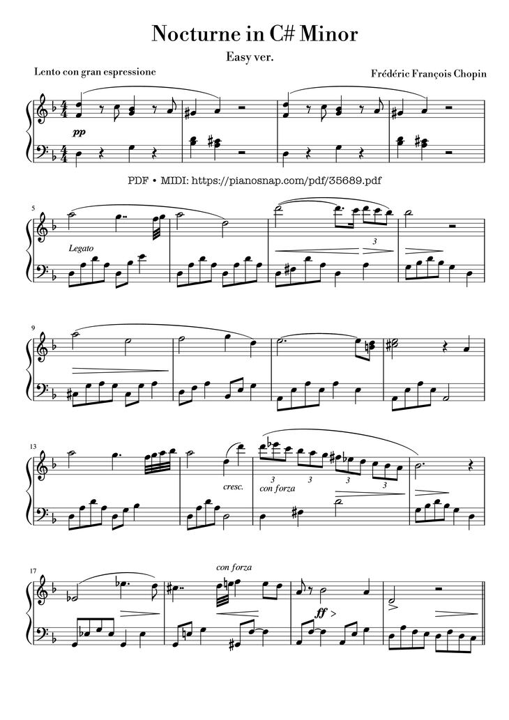 Page 1 of the piano sheet music PDF Piano – Nocturne in C sharp Minor Piano EASY by Frédéric Chopin