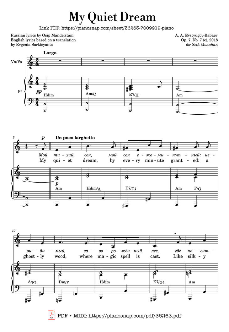 Page 1 of the piano sheet music PDF Piano – Russian romance - My Quiet Dream, Violin&Piano by Osip Mandelstam