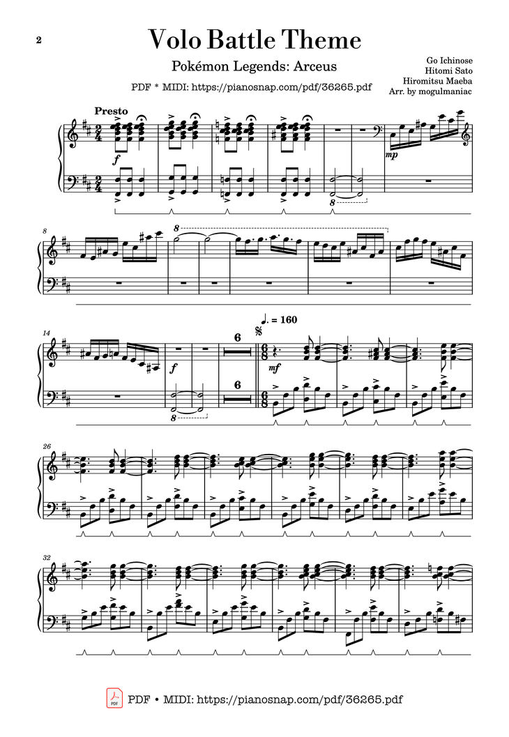 Page 1 of the piano sheet music PDF Piano – Volo Battle Theme - Pokémon Legends: Arceus, Solo Piano by Go Ichinose