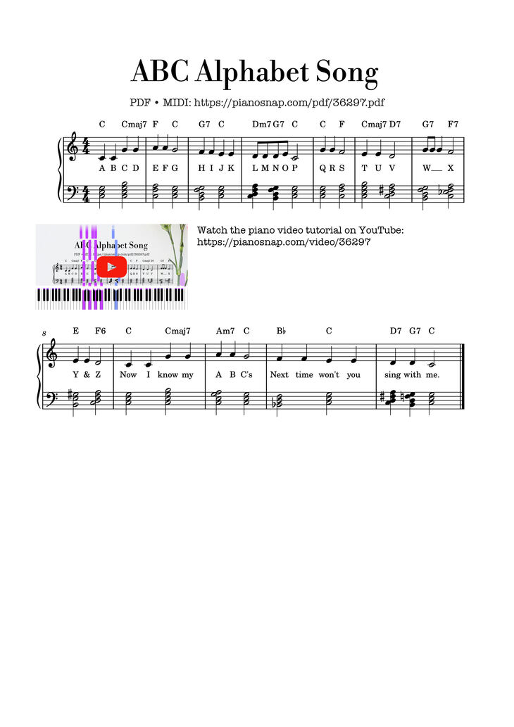 Page 1 of the piano sheet music PDF Piano – ABC Alphabet Song Piano Easy by Traditional