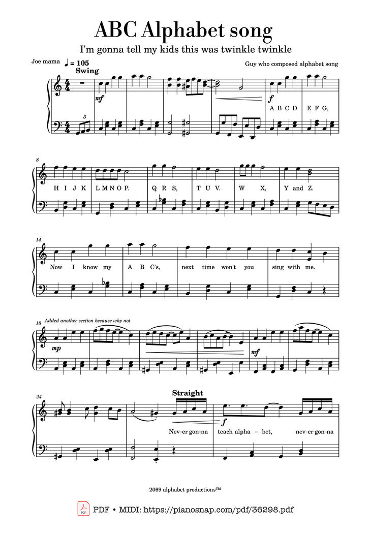 Page 1 of the piano sheet music PDF Piano – ABC Alphabet song (Twinkle Twinkle) Piano by Traditional