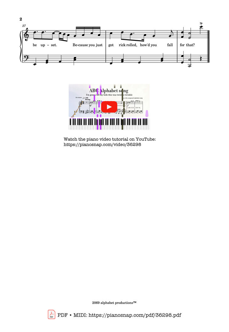 Page 2 of the piano sheet music PDF Piano – ABC Alphabet song (Twinkle Twinkle) Piano by Traditional