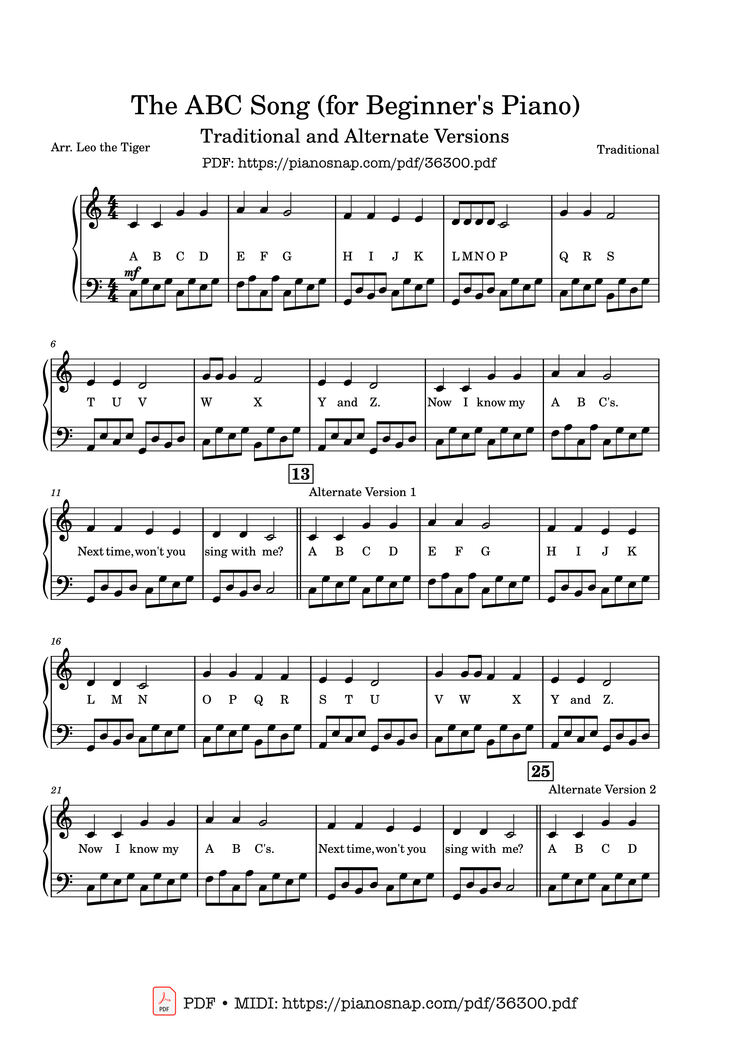 Page 1 of the piano sheet music PDF Piano – The ABC Alphabet Song (Variations) for Beginner