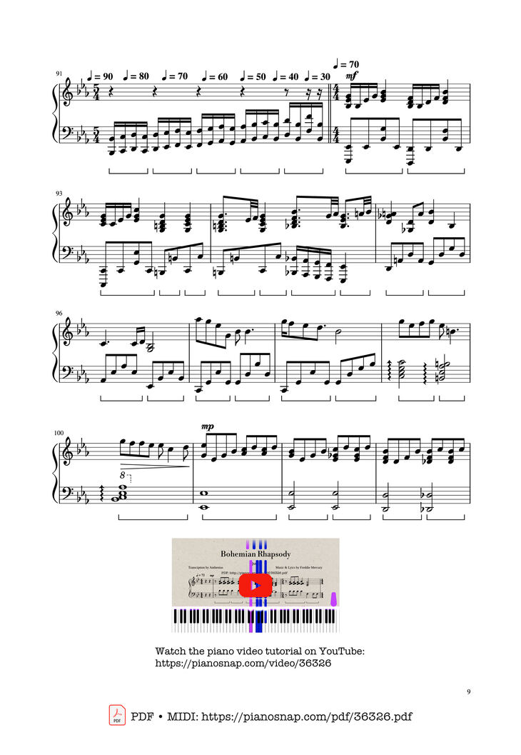 Page 9 of the piano sheet music PDF Piano – Bohemian Rhapsody - Queen by Queen