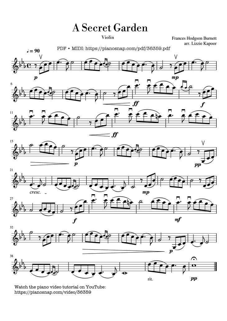 Page 1 of the piano sheet music PDF – A Secret Garden Violin by Frances Hodgson Burnett