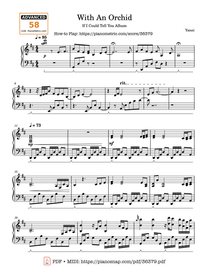 Page 1 of the piano sheet music PDF Piano – With An Orchid by Yanni
