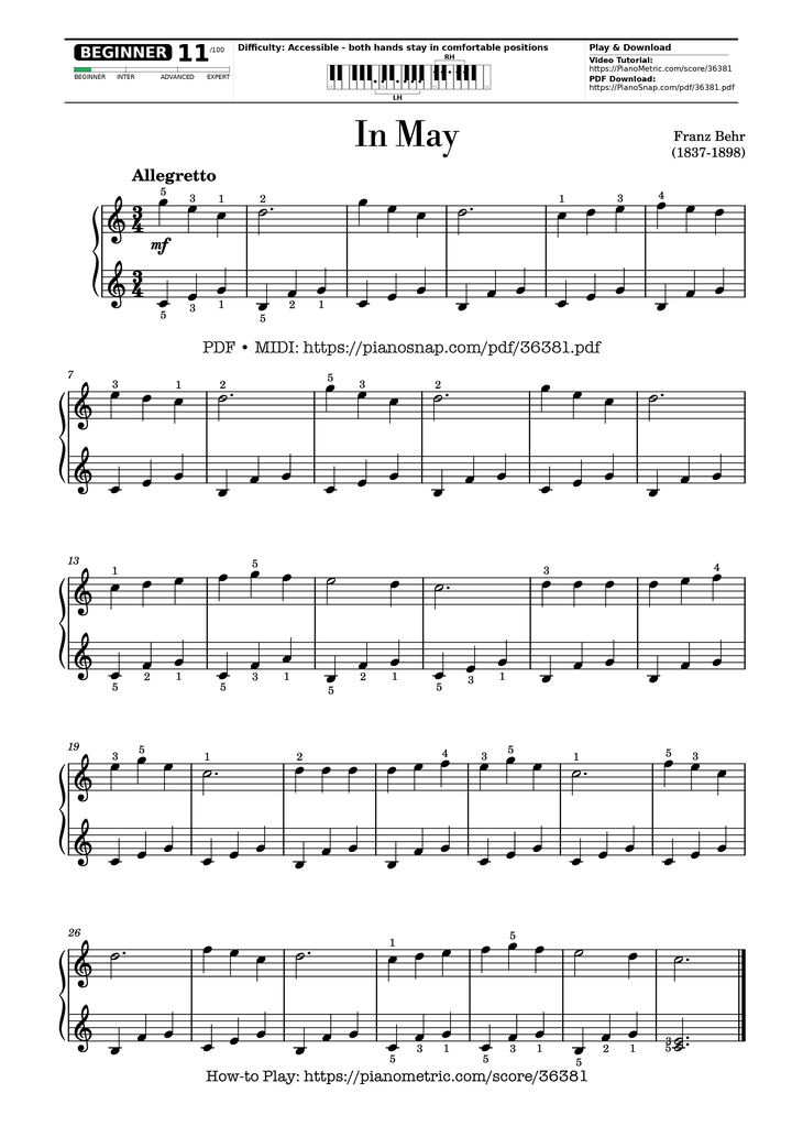 Page 1 of the piano sheet music PDF Piano – In May - Franz Behr by Franz Behr