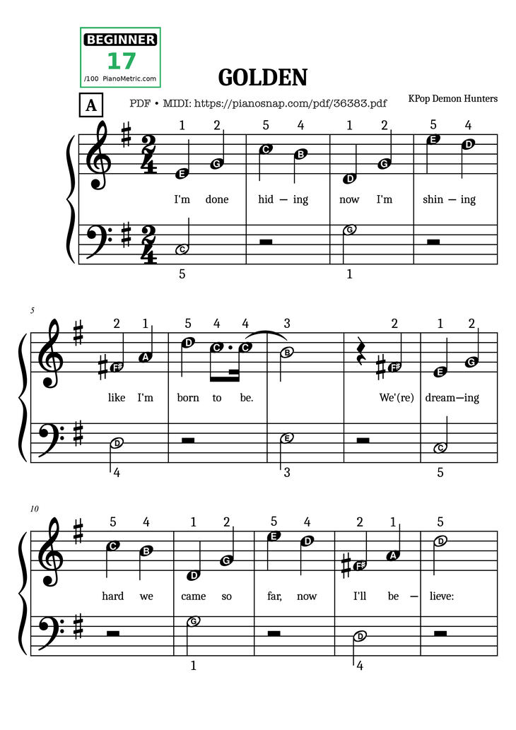 Page 1 of the piano sheet music PDF Piano – Golden (KPop Demon Hunters) Simplified Piano by KPop Demon Hunters