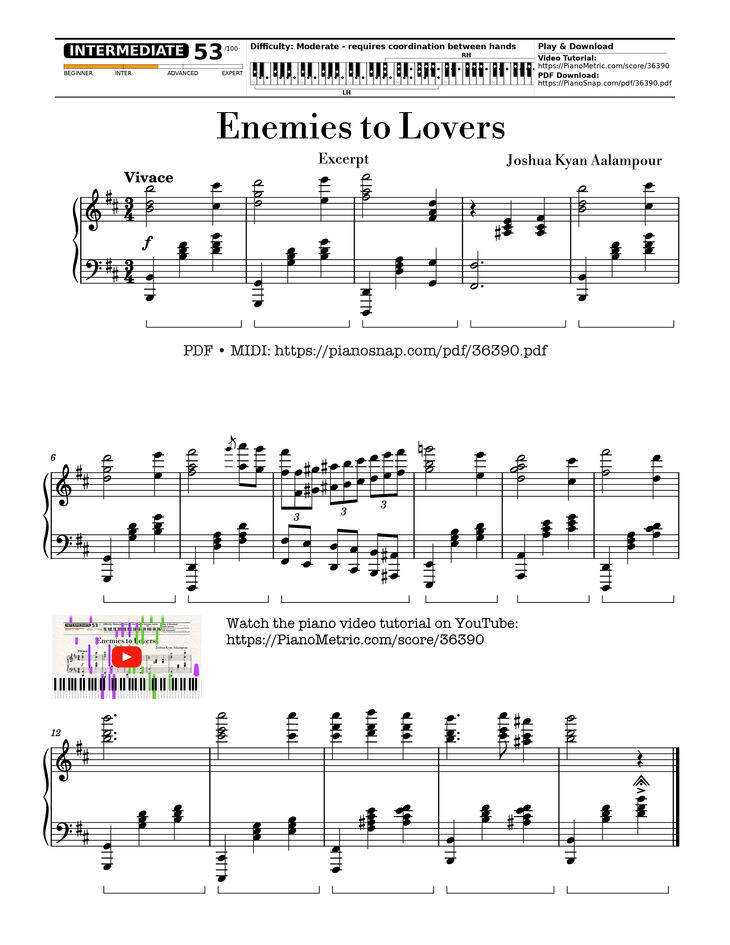 Page 1 of the piano sheet music PDF Piano – Enemies to Lovers Excerpt Piano by Joshua Kyan Aalampour