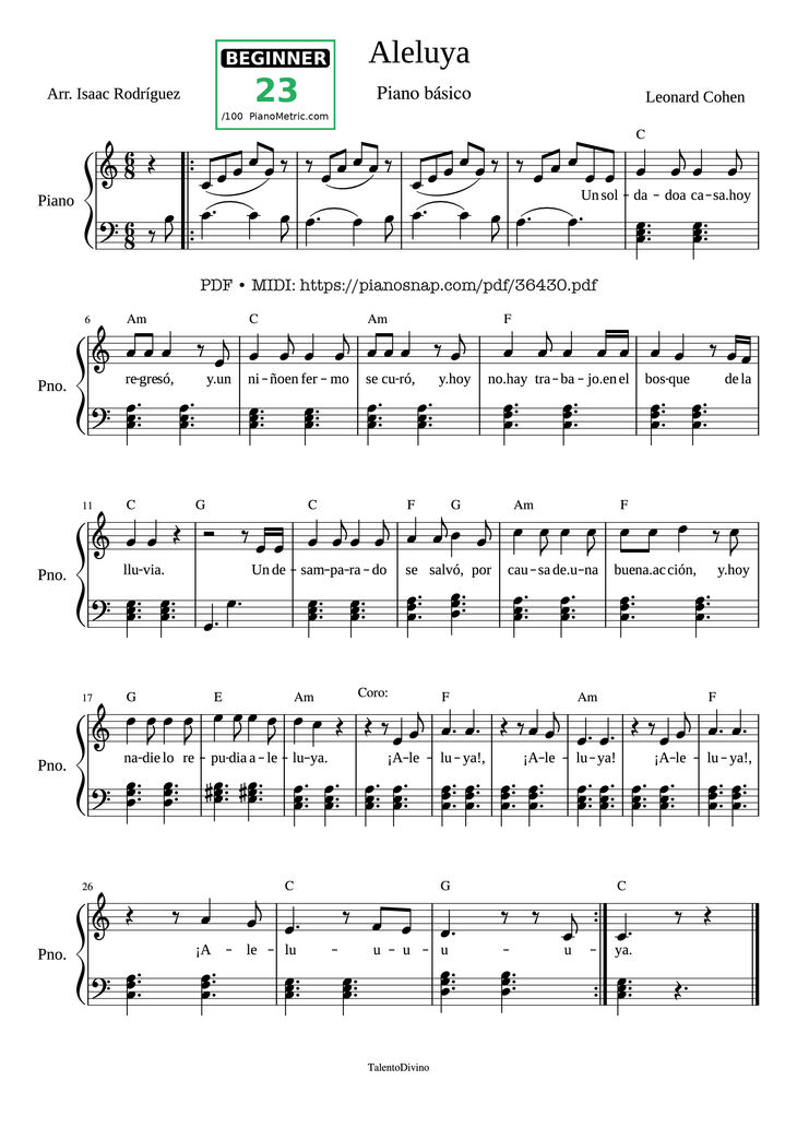 Page 1 of the piano sheet music PDF Piano – Aleluya (Shrek ver.) piano by Leonard Cohen