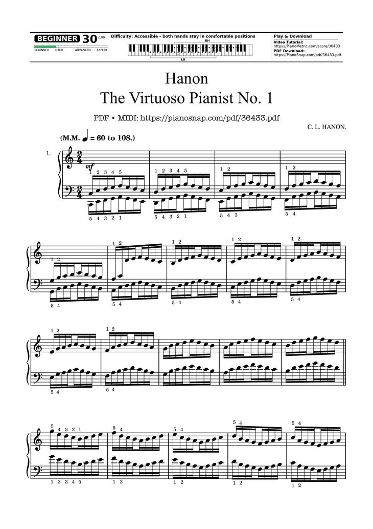 Page 1 of the piano sheet music PDF – Hanon - The Virtuoso Pianist No. 1 by Charles-Louis Hanon