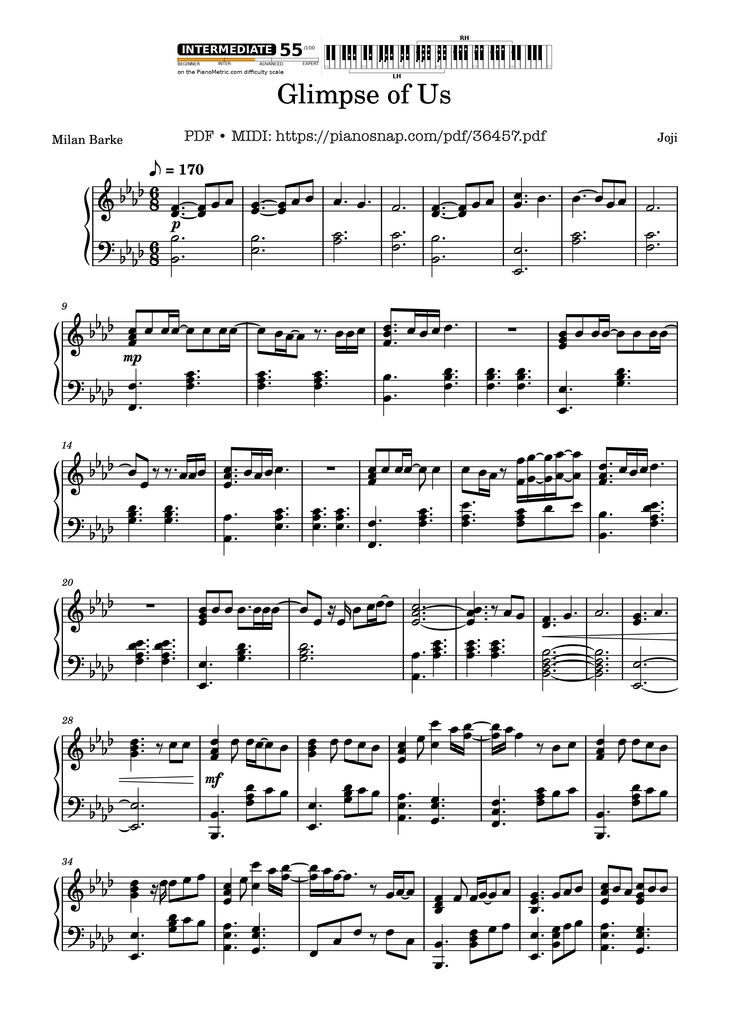 Page 1 of the piano sheet music PDF Piano – Glimpse of Us Piano by Joji