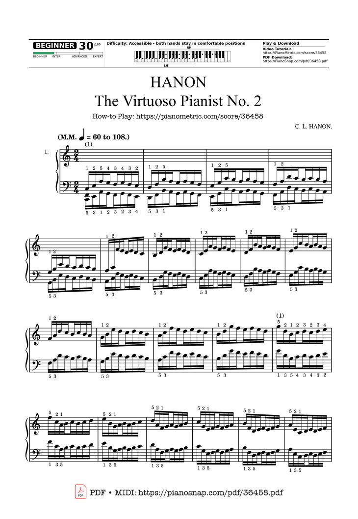 Page 1 of the piano sheet music PDF – Hanon - The Virtuoso Pianist No. 2 by 