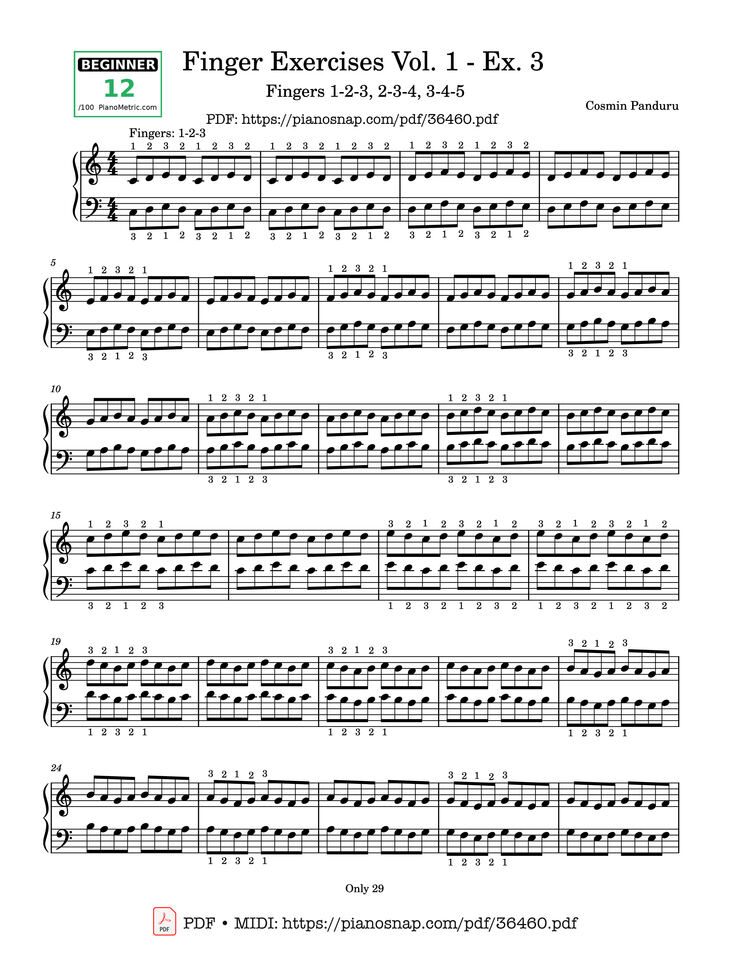 Page 1 of the piano sheet music PDF – Finger Exercises Vol. 1 - Ex. 3 Piano by Cosmin Panduru