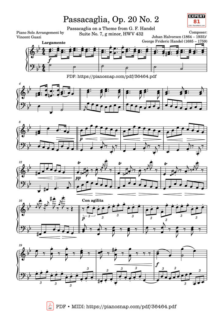 Page 1 of the piano sheet music PDF Piano – Johan Halvorsen Passacaglia, Op. 20 No. 2 (Piano Solo) by Johan Halvorsen