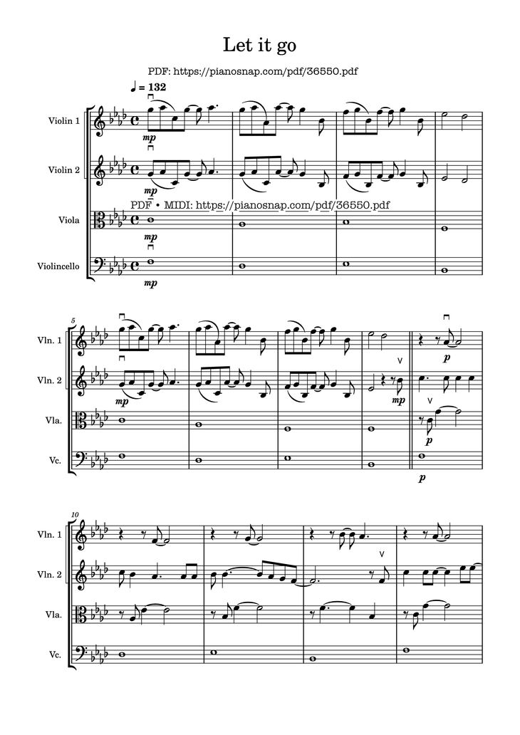 Page 1 of the piano sheet music PDF – Let It Go - string quartet Violin by Walt Disney