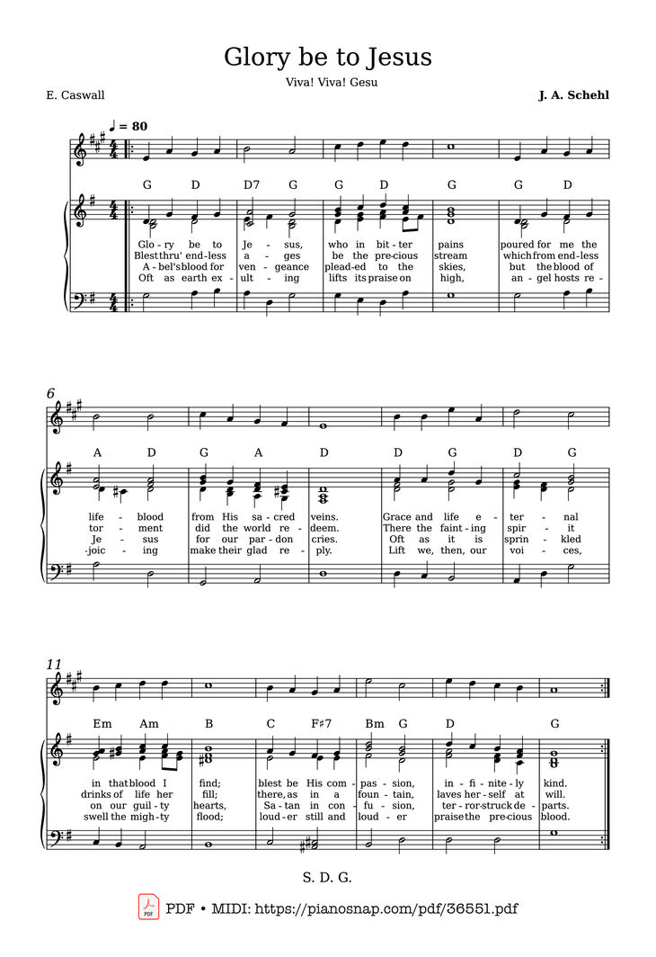 Page 1 of the piano sheet music PDF Piano – Glory be to Jesus - Catholic Hymn by J. A. Schehl