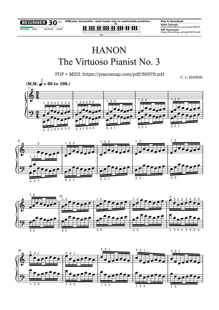 Page 1 of the piano sheet music PDF – Hanon - The Virtuoso Pianist No. 3 by Charles-Louis Hanon