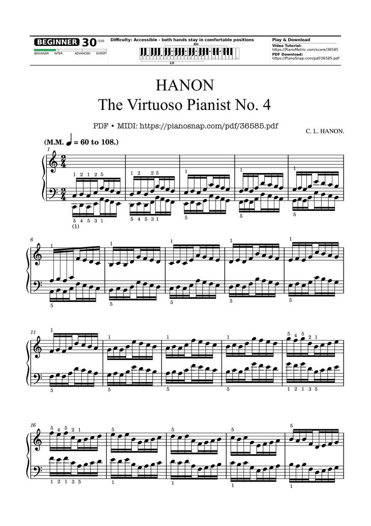 Page 1 of the piano sheet music PDF – Hanon - The Virtuoso Pianist No. 4 by Charles-Louis Hanon