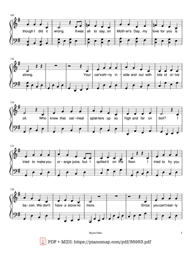 Page 5 of the piano sheet music PDF Piano – The Mother