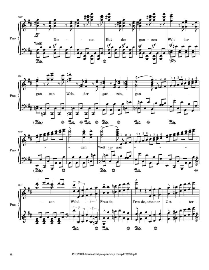 Page 38 of the piano sheet music PDF Piano – Symphony no.9, 4th Movement, Ode to Joy Piano by Ludwig van Beethoven