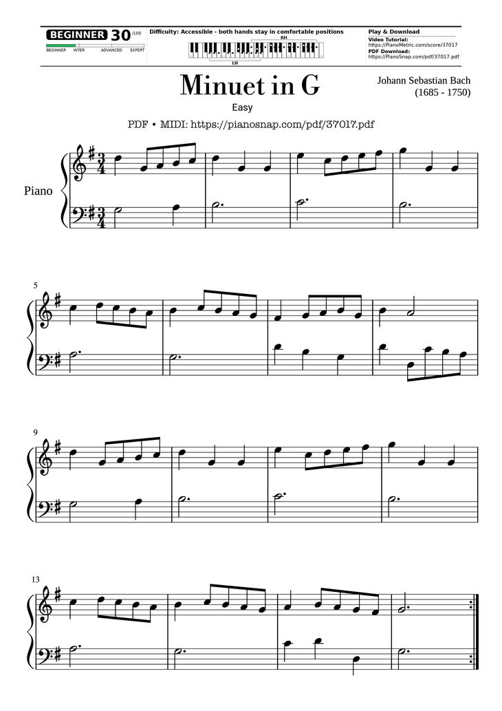 Page 1 of the piano sheet music PDF Piano – Minuet in G - Easy Ending by Johann Sebastian Bach