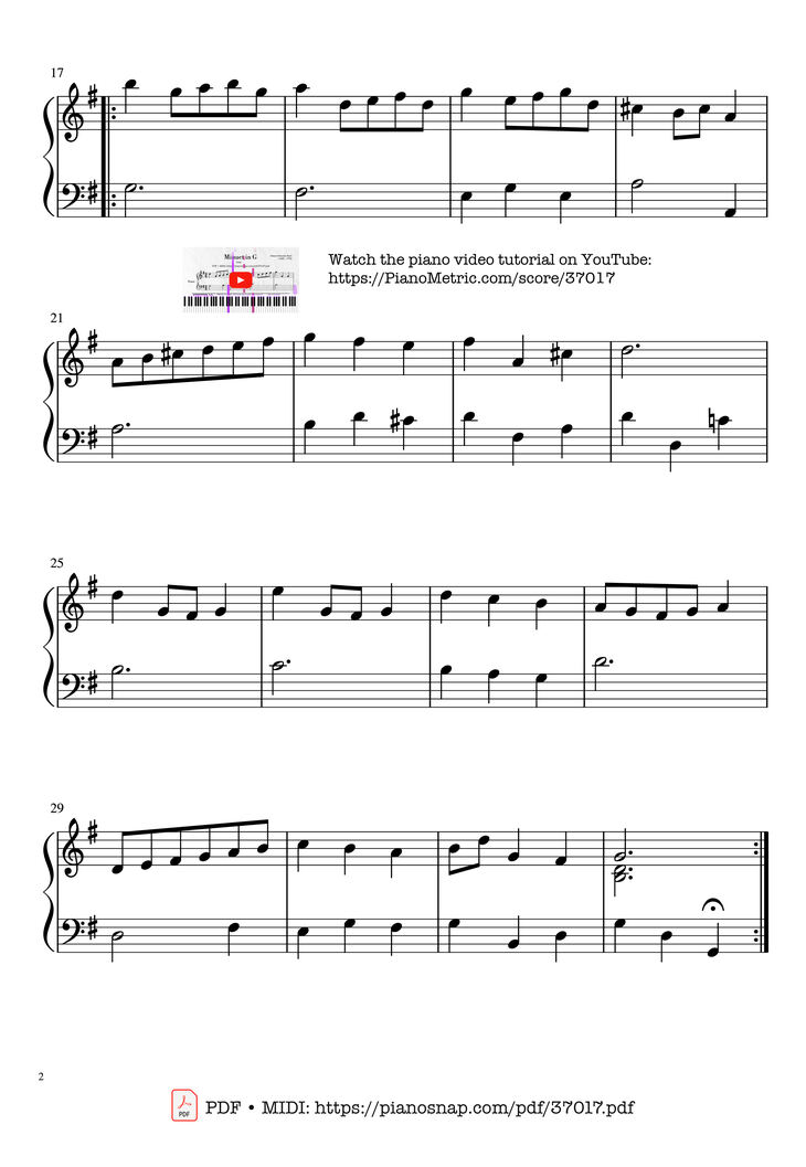 Page 2 of the piano sheet music PDF Piano – Minuet in G - Easy Ending by Johann Sebastian Bach
