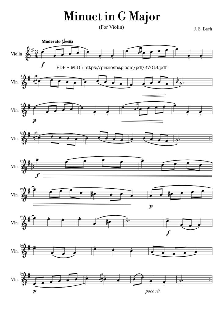 Page 1 of the piano sheet music PDF – Bach Minuet in G Major Violin by J. S. Bach