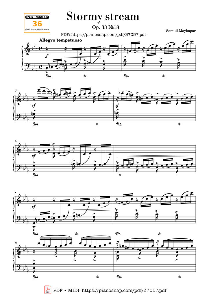 Page 1 of the piano sheet music PDF – Etude Op. 33 No. 18 Stormy stream by Samuil Maykapar