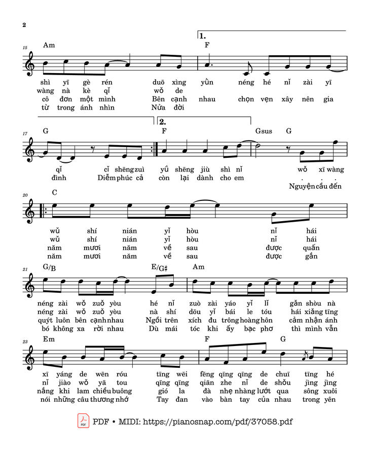 Page 2 of the piano sheet music PDF Piano – Năm Mươi Năm Về Sau - lời việt by Ly Zhong Yi