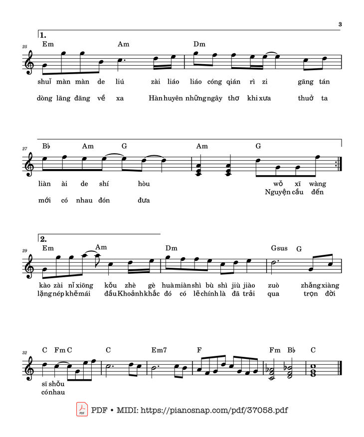 Page 3 of the piano sheet music PDF Piano – Năm Mươi Năm Về Sau - lời việt by Ly Zhong Yi