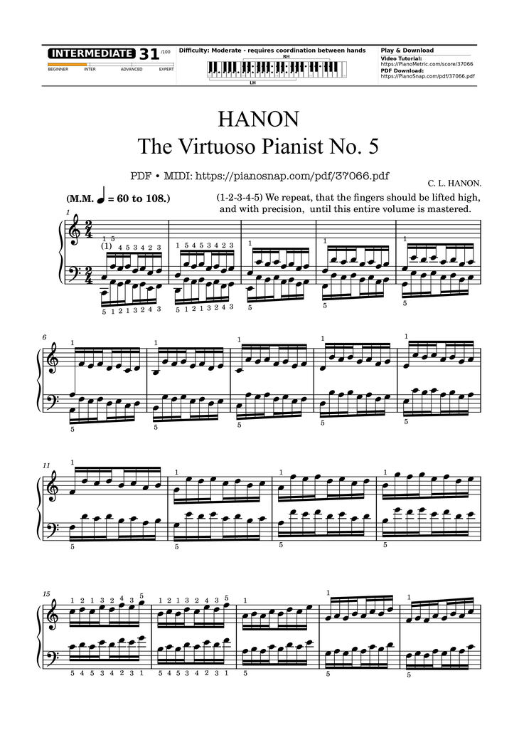 Page 1 of the piano sheet music PDF – Hanon - The Virtuoso Pianist No. 5 by Charles-Louis Hanon