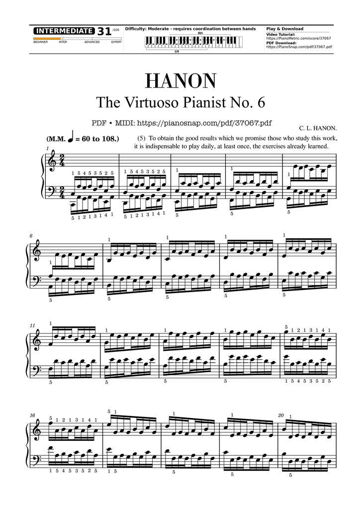 Page 1 of the piano sheet music PDF – Hanon - The Virtuoso Pianist No. 6 by Charles-Louis Hanon