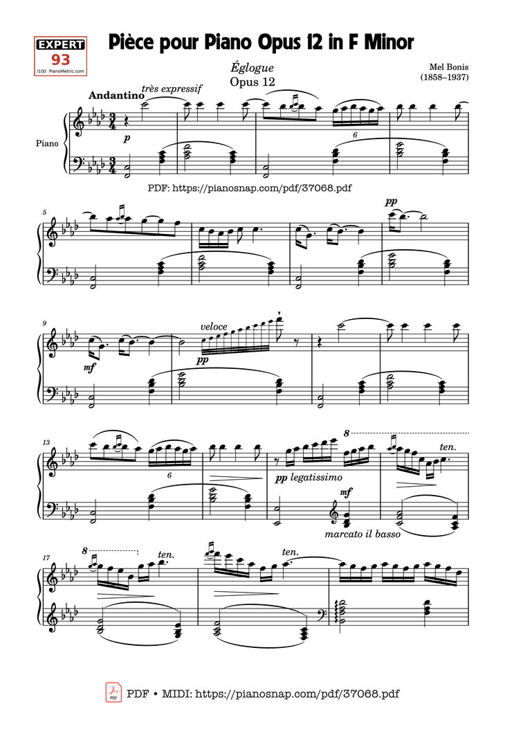 Page 1 of the piano sheet music PDF Piano – Pièce pour Piano Opus 12 in F Minor by Mel Bonis