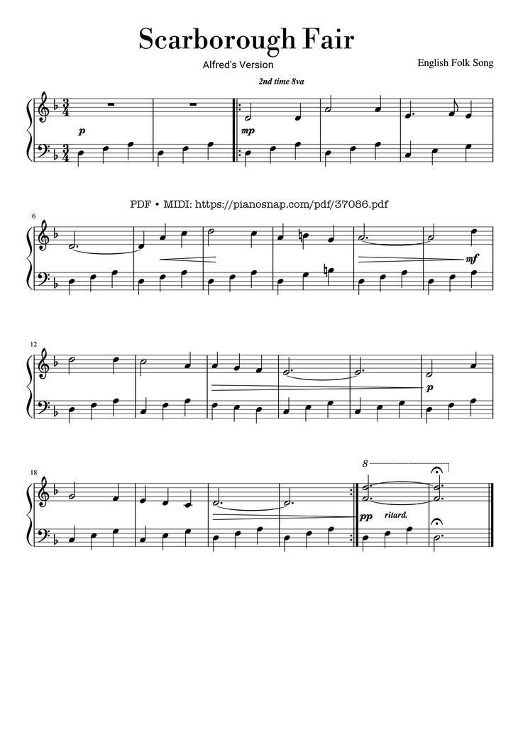 Page 1 of the piano sheet music PDF Piano – Scarborough Fair (Alfred