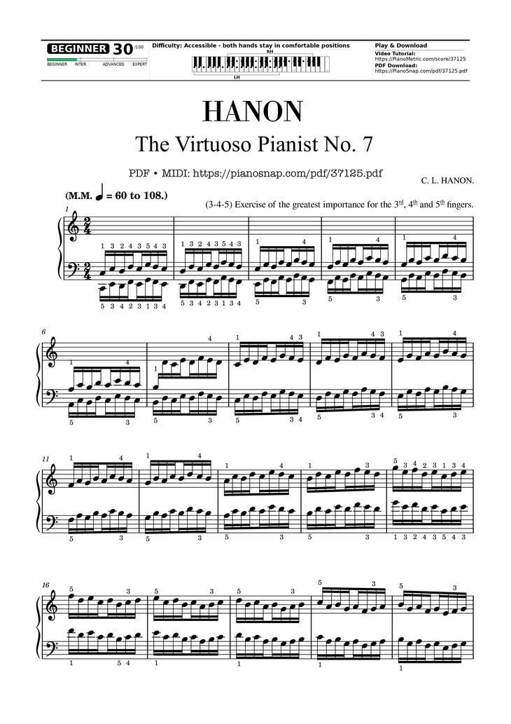 Page 1 of the piano sheet music PDF – Hanon - The Virtuoso Pianist No. 7 by Charles-Louis Hanon