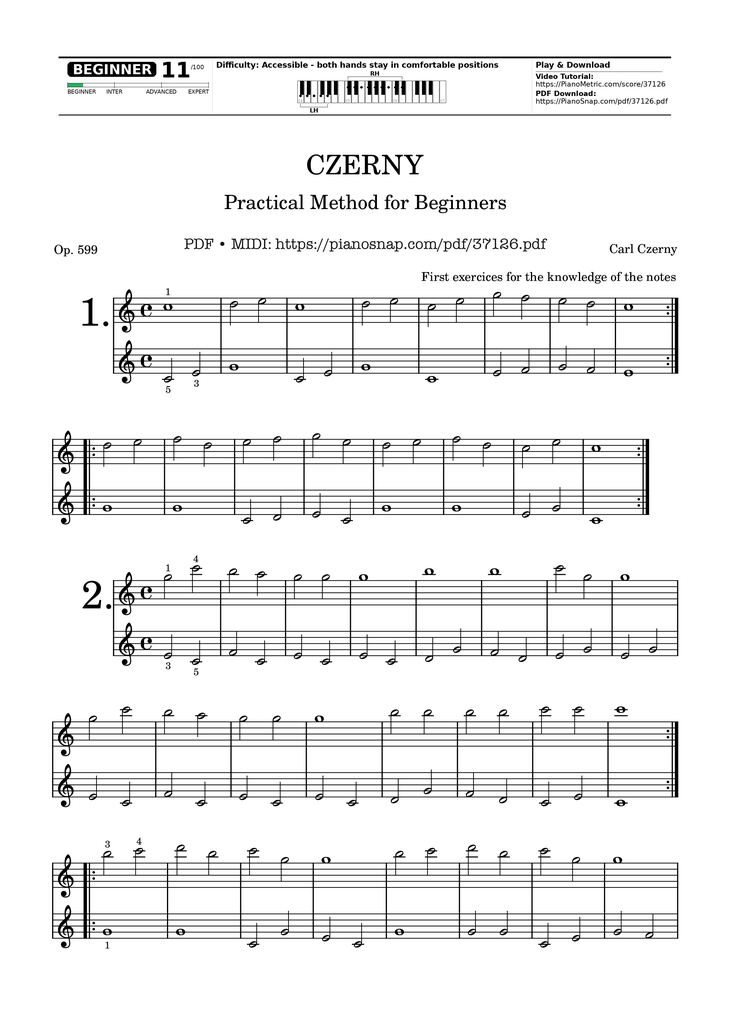 Page 1 of the piano sheet music PDF – CZERNY - Practical Method for Beginners, Op. 599, No. 1-2 by Carl Czerny