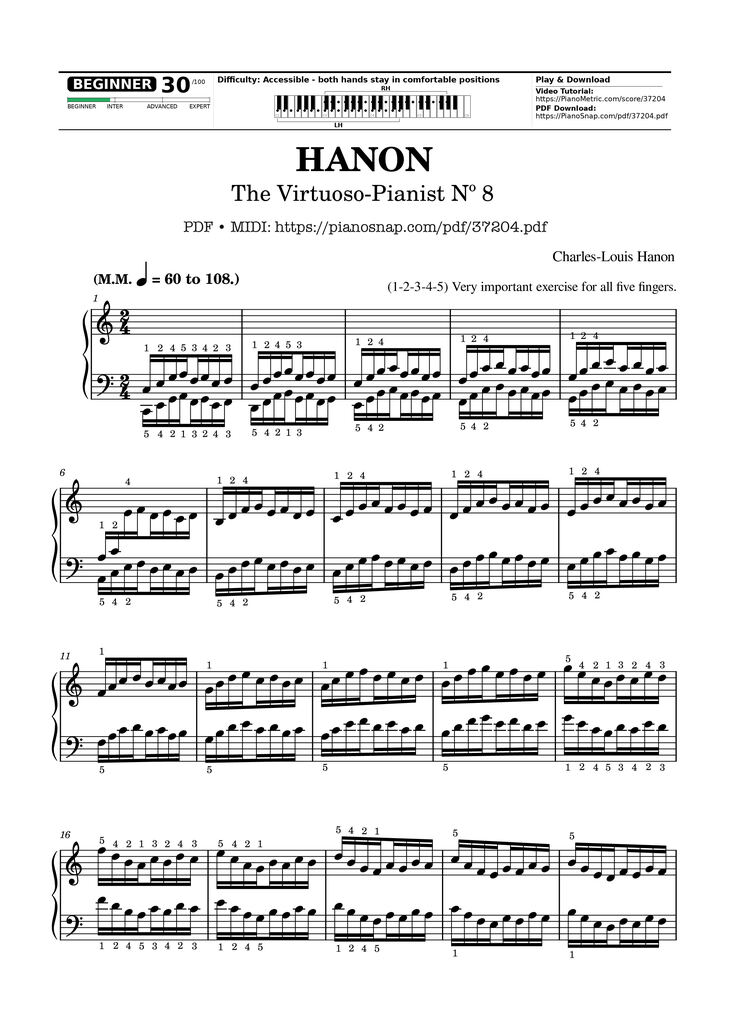 Page 1 of the piano sheet music PDF – Hanon - The Virtuoso Pianist No. 8 by Charles-Louis Hanon