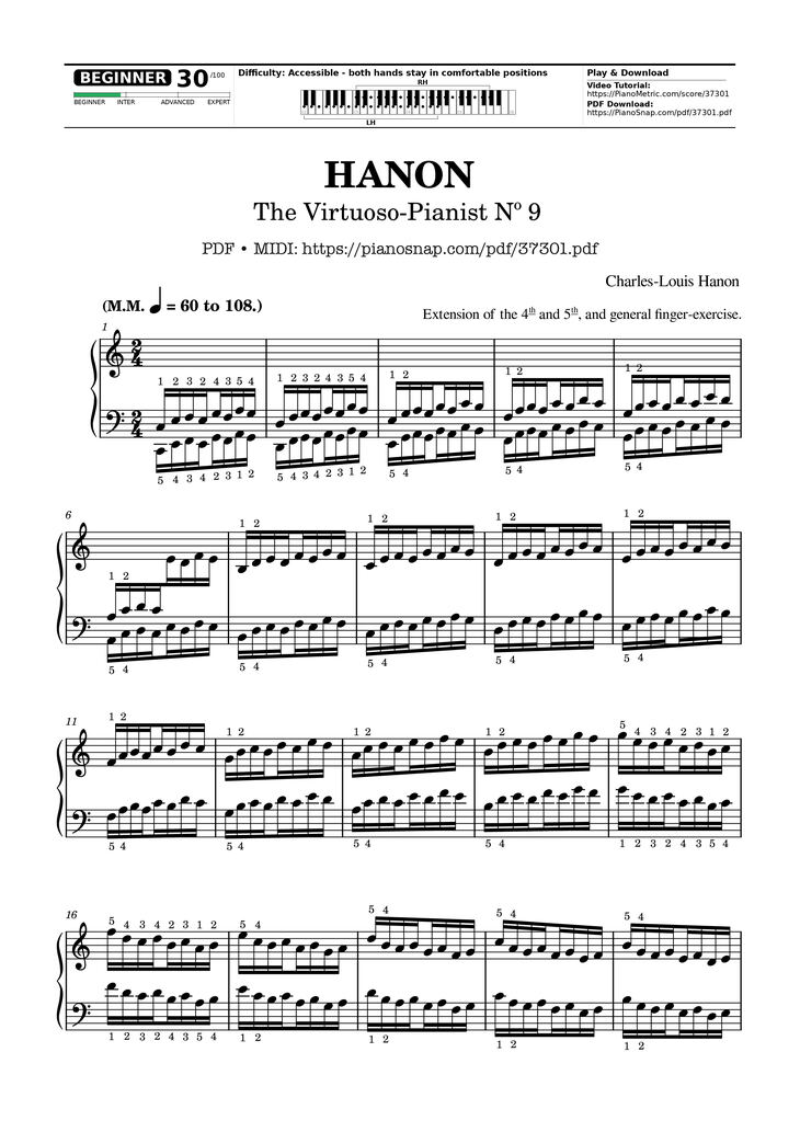 Page 1 of the piano sheet music PDF – Hanon - The Virtuoso Pianist No. 9 by Charles-Louis Hanon