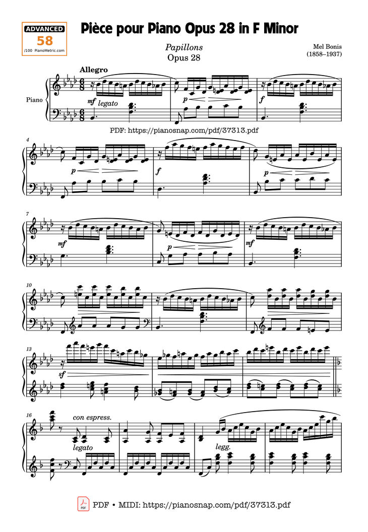 Page 1 of the piano sheet music PDF Piano – Pièce pour Piano Opus 28 in F Minor by Mel Bonis