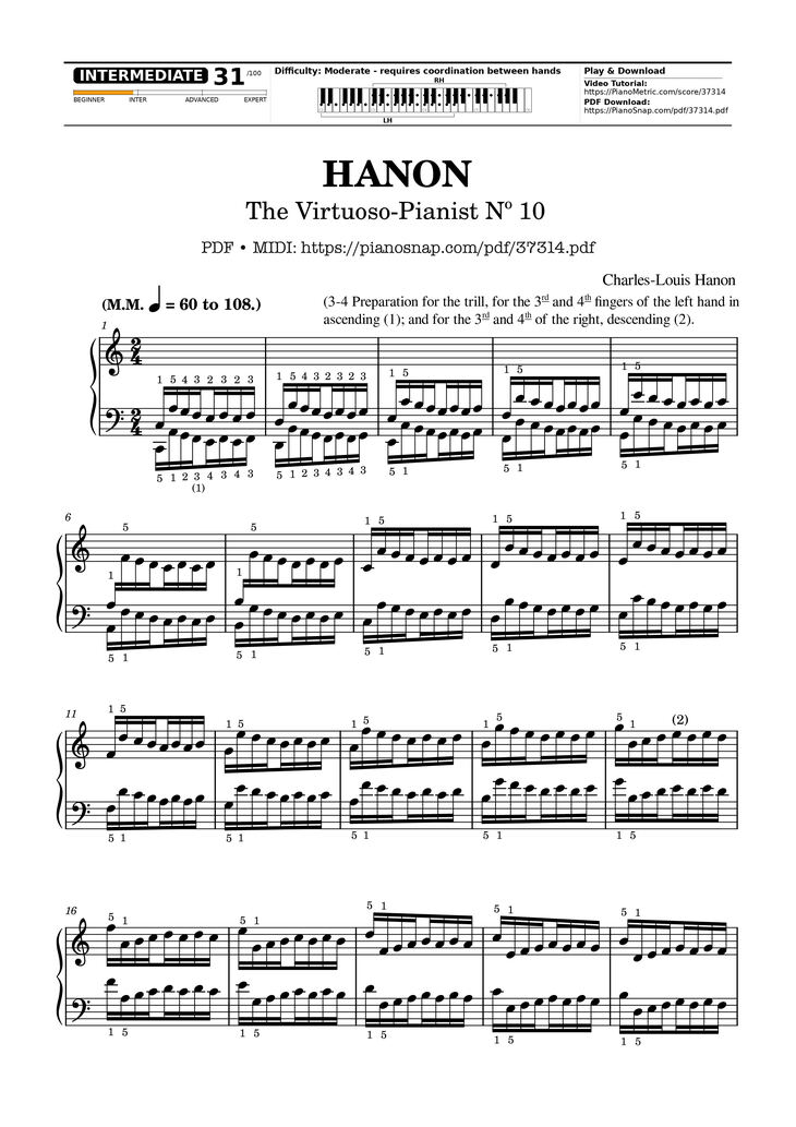 Page 1 of the piano sheet music PDF – Hanon - The Virtuoso Pianist No. 10 by Charles-Louis Hanon