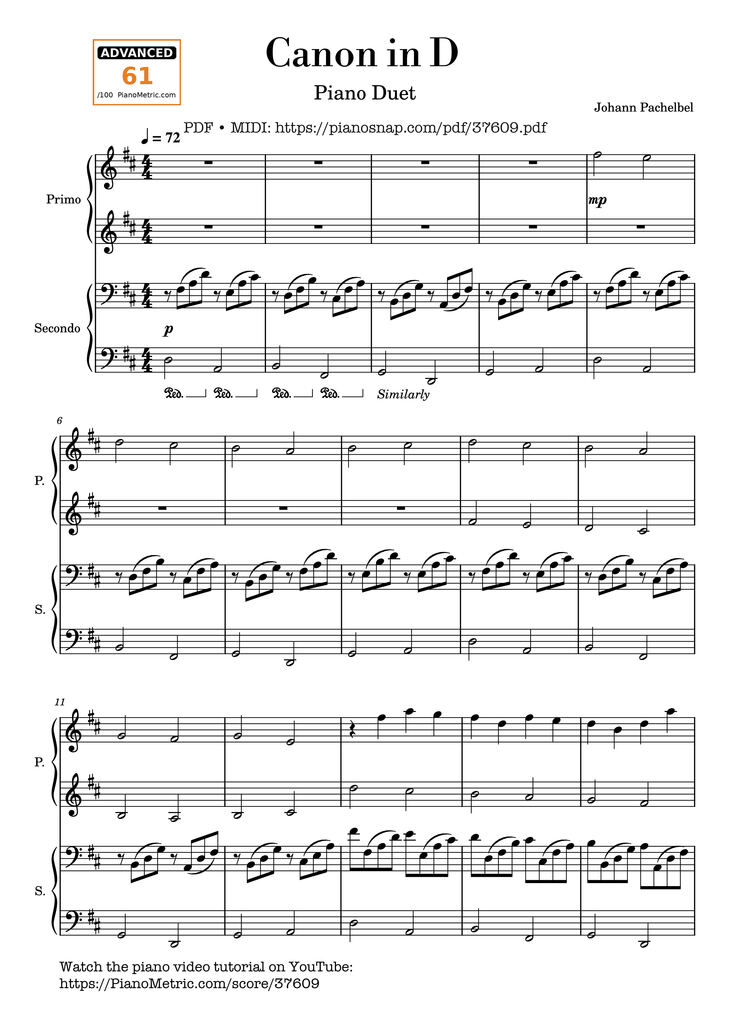 Page 1 of the piano sheet music PDF Piano – Canon in D, Piano Duet, 4 Hands by Johann Pachelbel