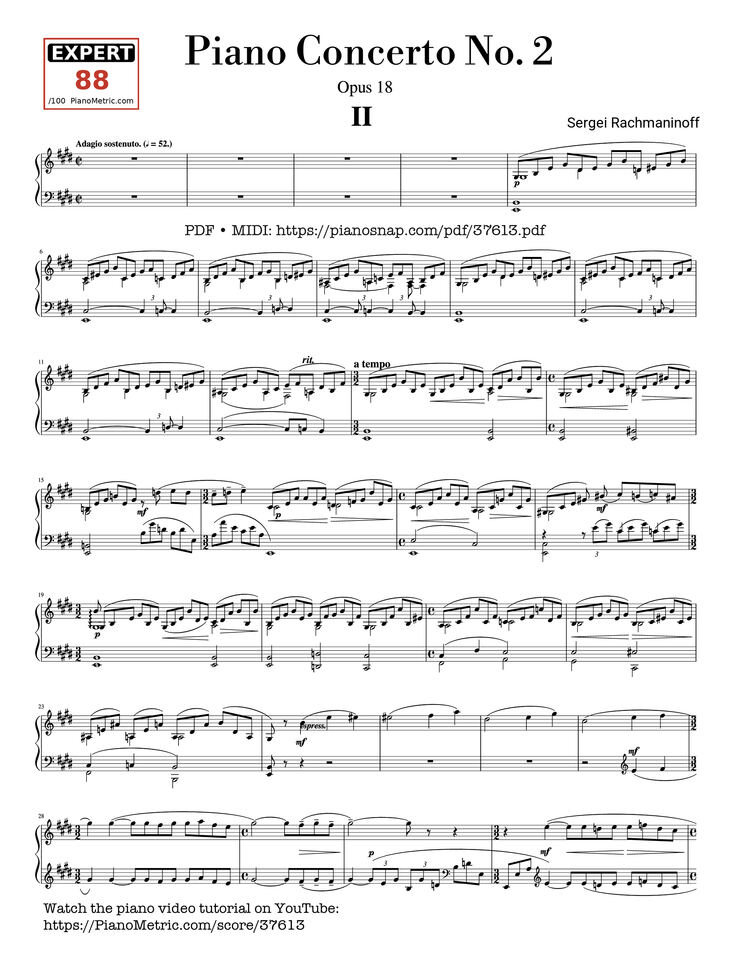Page 1 of the piano sheet music PDF Piano – Piano Concerto No. 2 (Op. 18) - 2nd Movement by Sergei Rachmaninoff